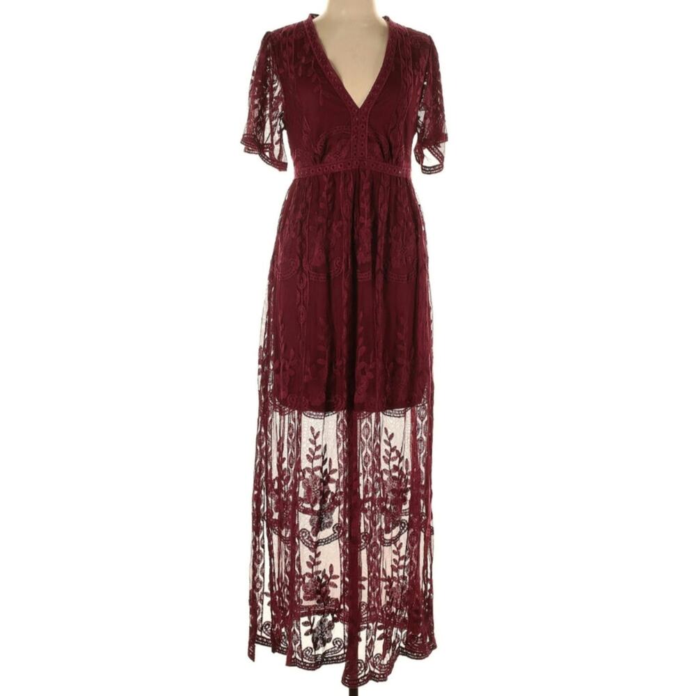 Red Wine Merlot Lace Deep V Plunge Large Romper